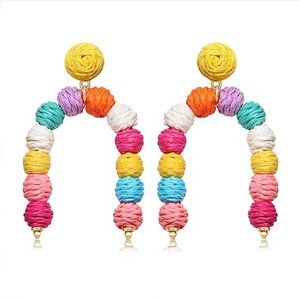 NLCAC Rattan Earrings Boho Handmade Rattan Raffia Ball Arch Dangle Earrings